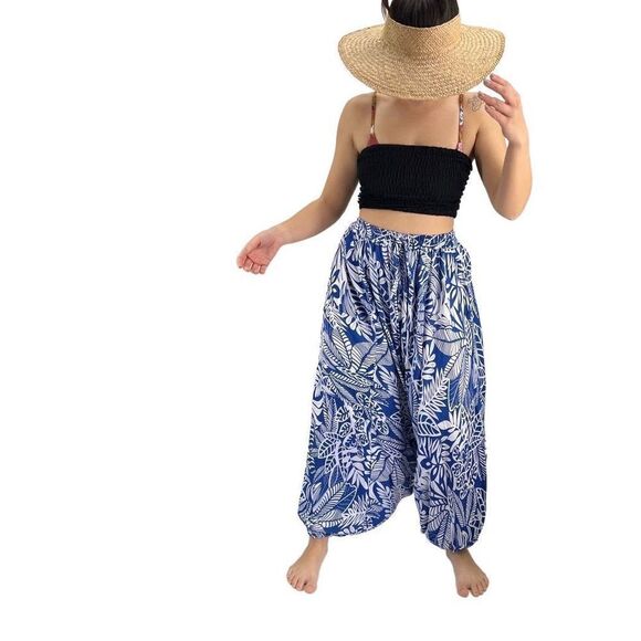 Apau ~ Gender Fluid Aladdin Gypsy Pants Blue White Tropical Floral Leaf Design - Picture 5 of 14